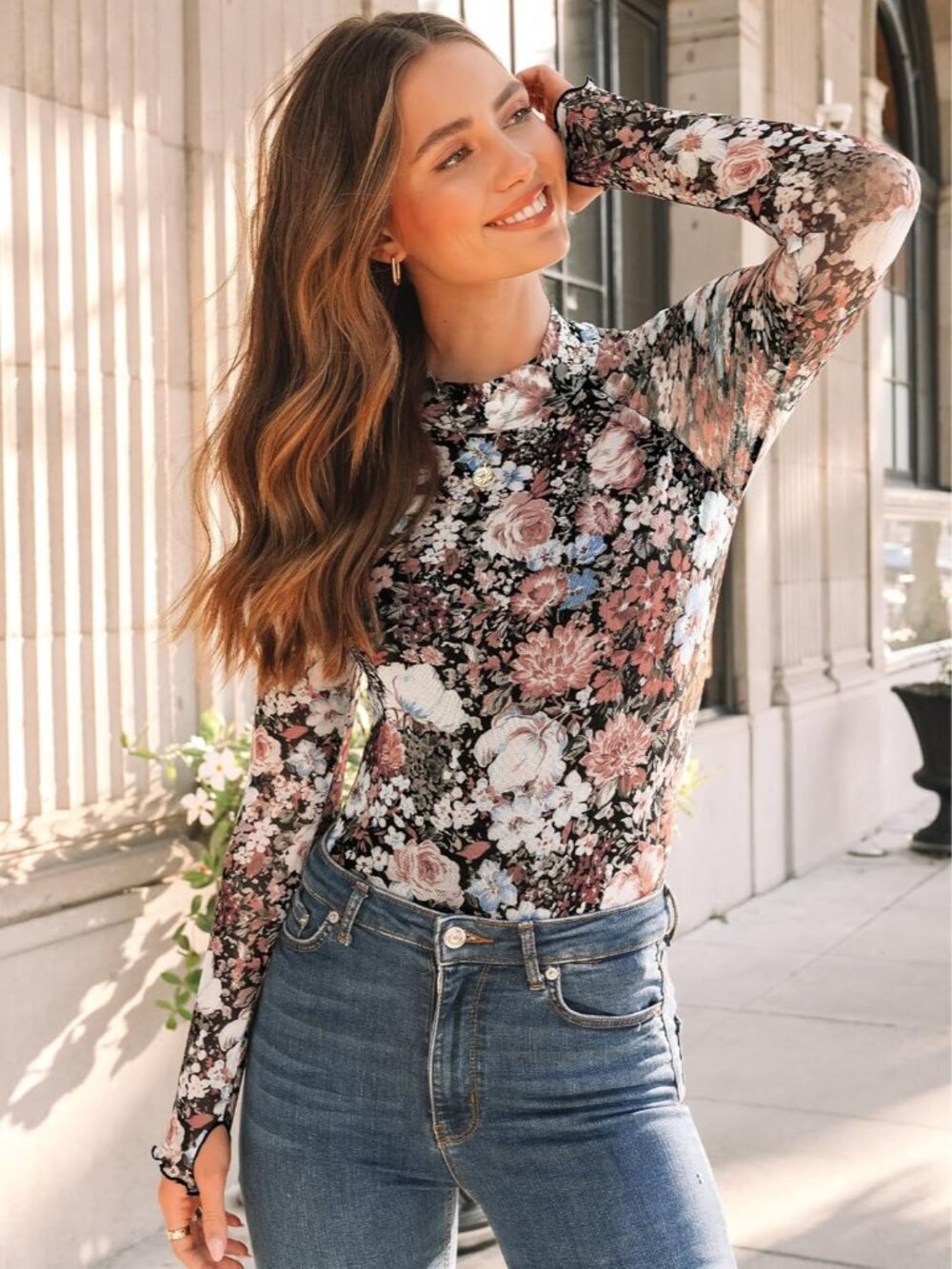 Trendy Lace Sheer Floral Mockneck Top - Women’s Fall Fashion Essential 2026 - Picture 5 of 6